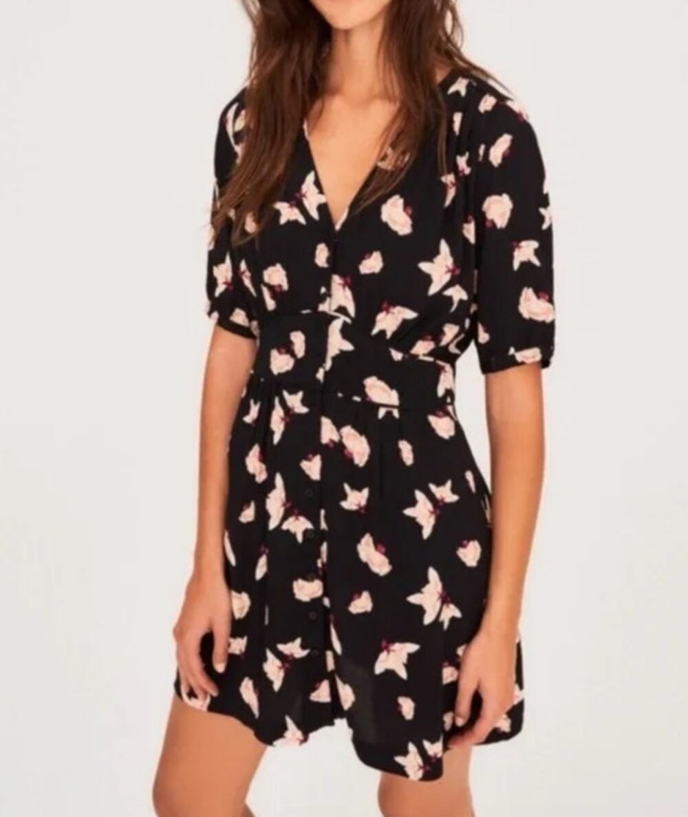 ba&sh Black Floral Short Dress with Pink Blossoms
